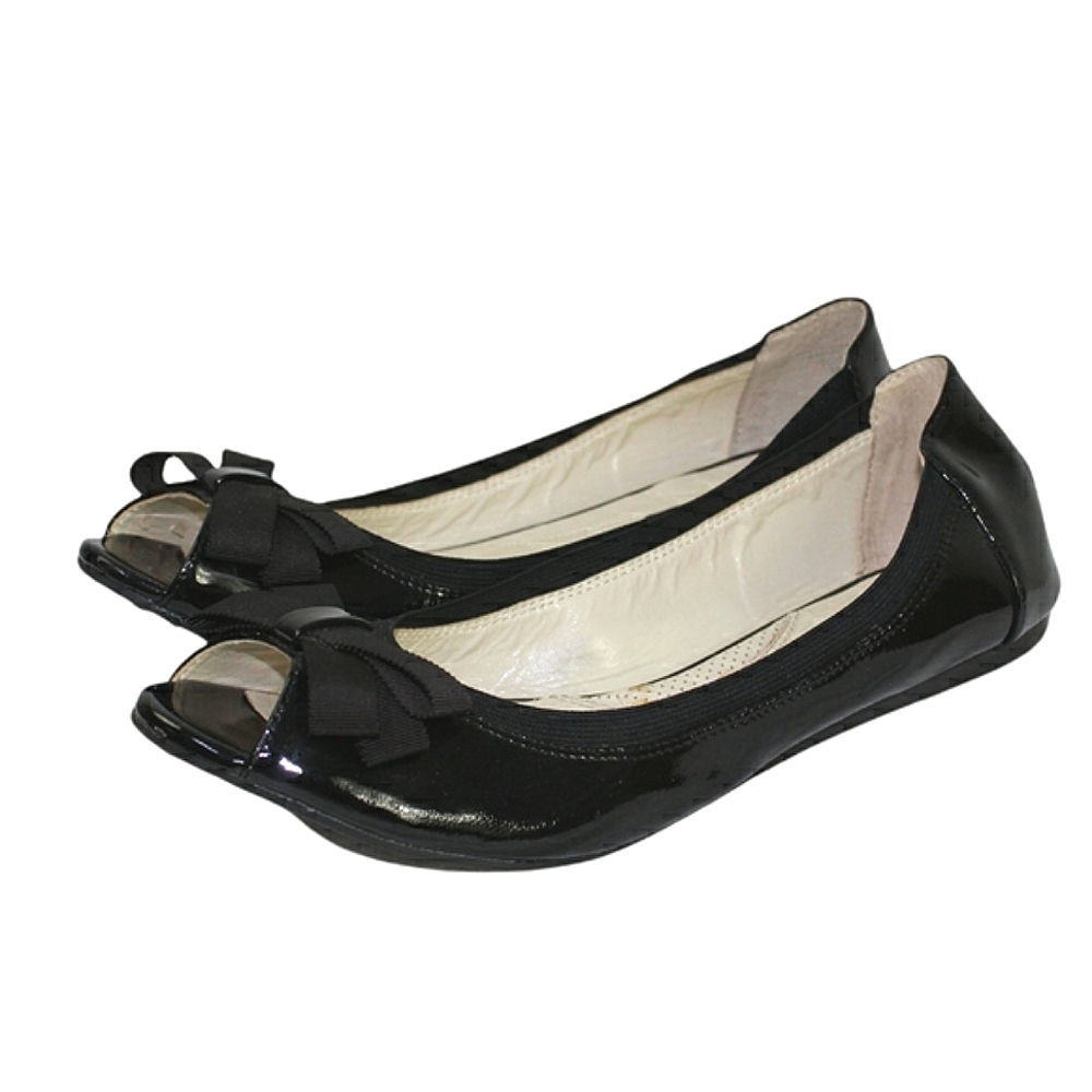Adrienne Vittadani black patent leather peep toe bow accent ballet flats size 10